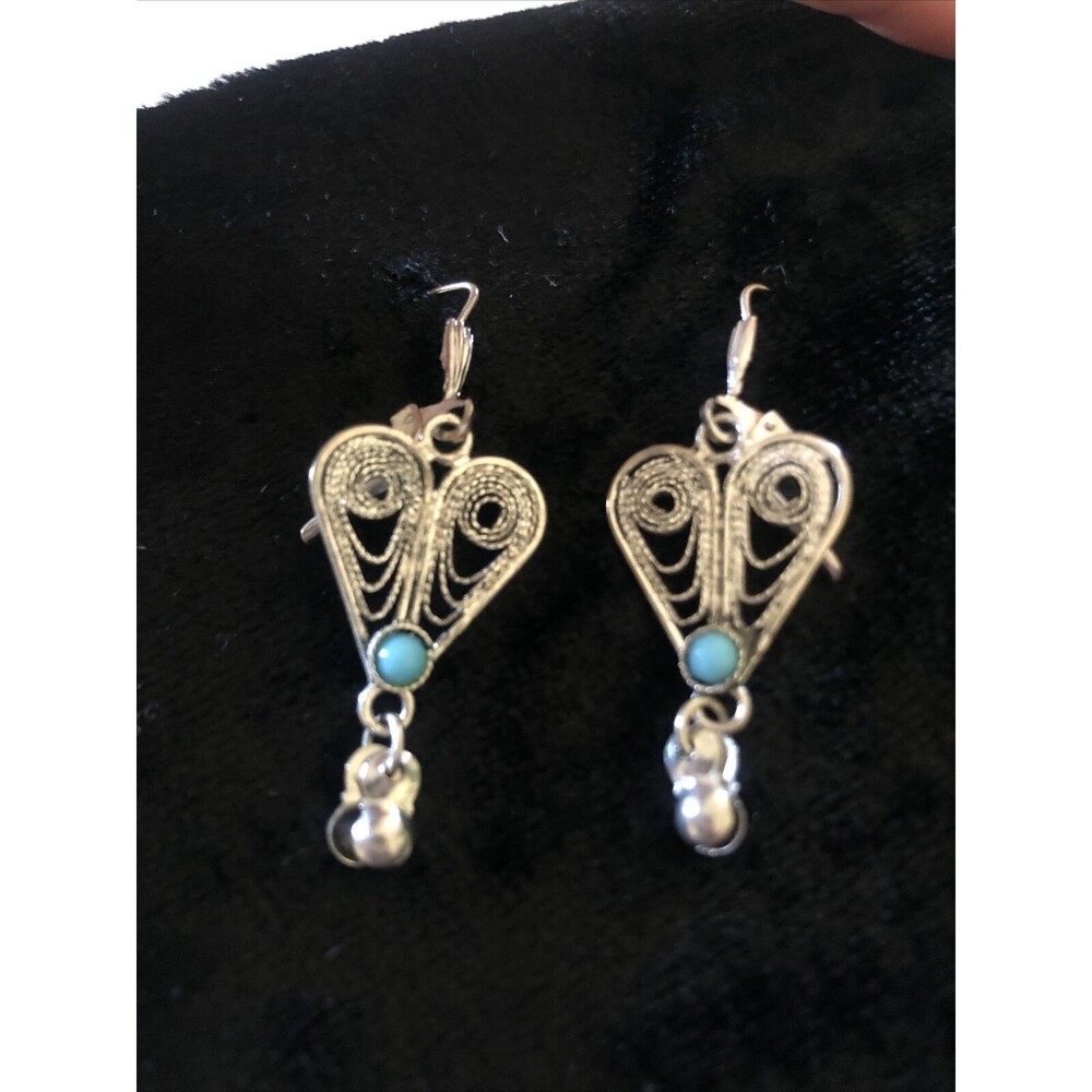 Vintage Germany Stamped Sterling Silver Filigree Boho Turquoise Earrings